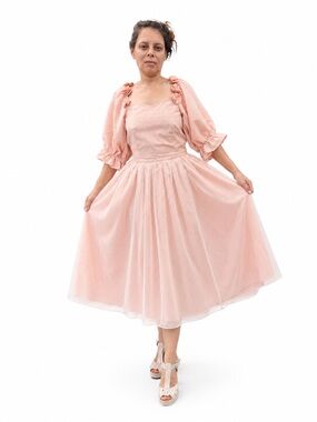 1950 Soft Peach Pink Roses Midi Dress with Puff Sleeves